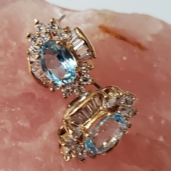 Topaz earrings tourmaline baguettes oval ice blue Genuine natural pierced gold - Picture 16 of 16